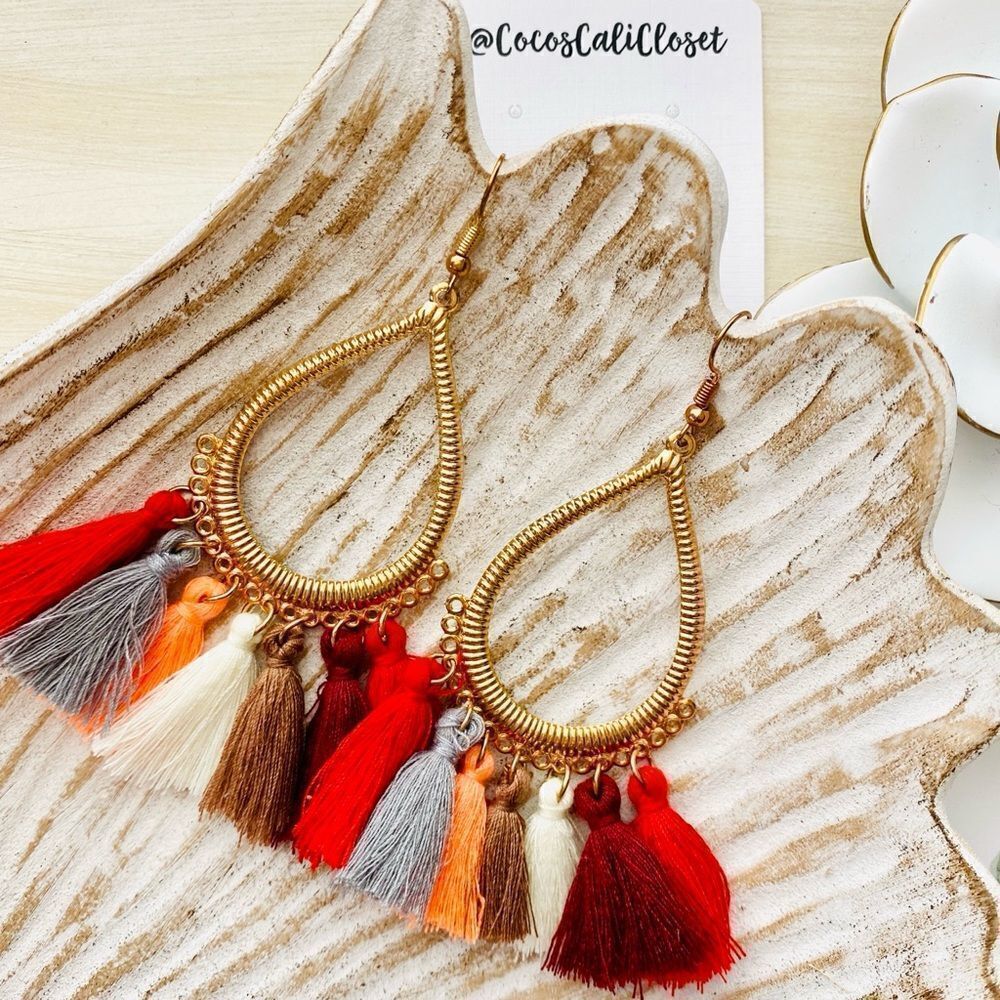 Boho Multi Color Tassel Drop Earrings NWT